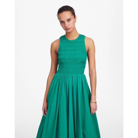 Madewell The Melody Bubble-Hem Smocked Midi Dress Poplin NT311 Green Size L NWT - Picture 3 of 6